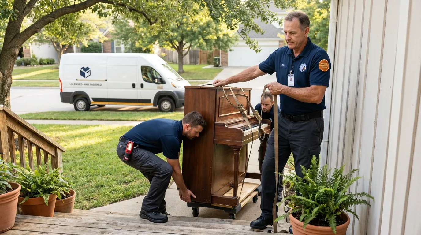 Licensed piano movers securing grand piano in Somerset, OH