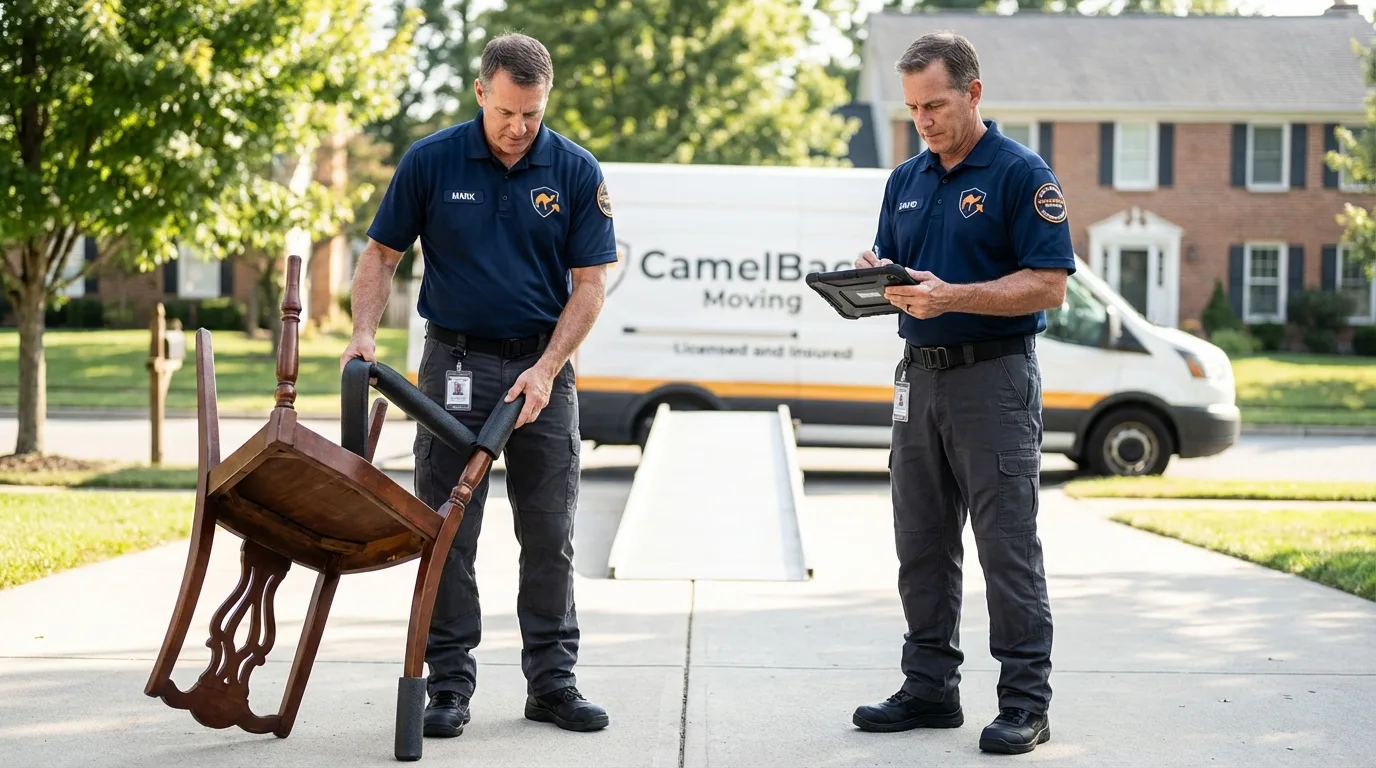 Movers inspecting furniture for damage prevention before loading in Somerset, OH