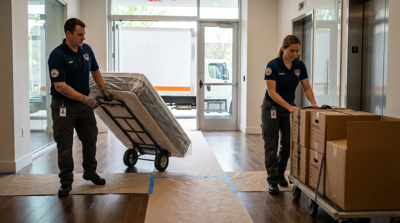 Professional apartment movers loading elevator in Somerset, OH